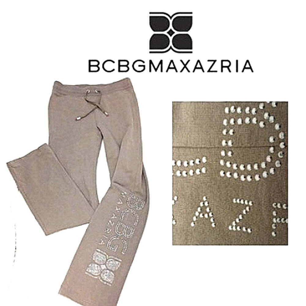 BCBGMaxAzria Lounge Pants Sz‎ S Sparkle Studs Beads Letters TAUPE TAN
